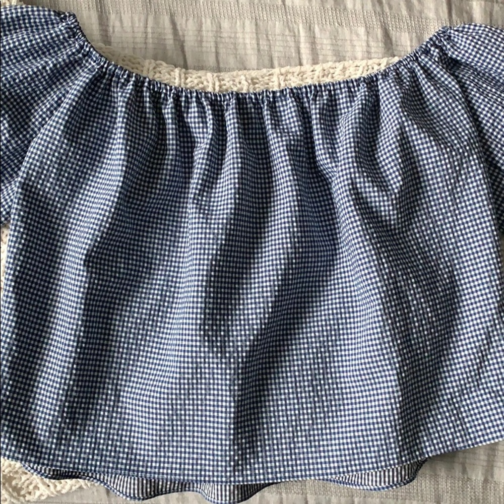 Off the shoulder blue checkered top